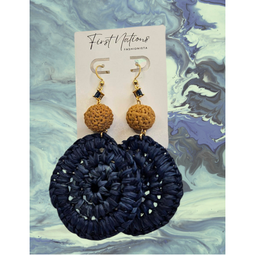 First Nations Fashionista - Handmade 5cm Navy Blue Woven Drop Earrings (Blue Stone with Quandong)