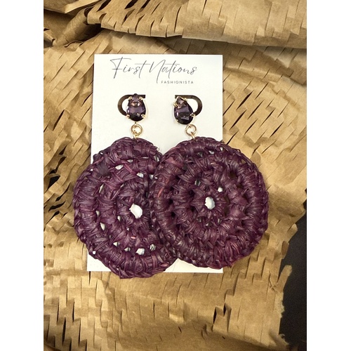 First Nations Fashionista - Handmade Aboriginal Art Woven Drop Earrings (Purple with Stone Detail)