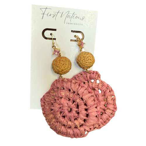 First Nations Fashionista - Handmade Aboriginal Art Woven Drop Earrings (Rose Pink with Stone & Quandong Detail)