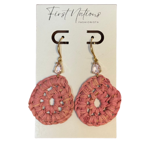 First Nations Fashionista - Handmade Aboriginal Art Woven Drop Gold Hook Earrings (Rose Pink with Stone)