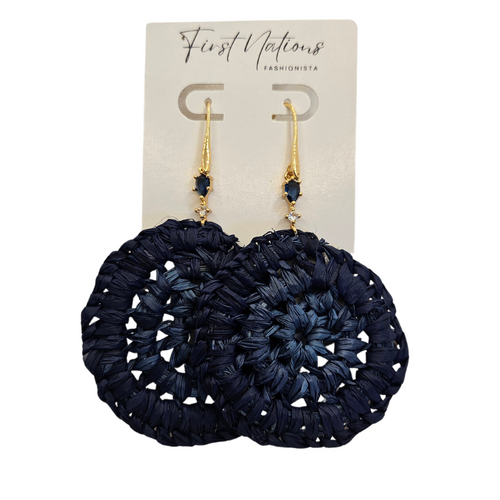 First Nations Fashionista - Handmade 55mm Drop Woven Drop Hook Earrings (Navy Blue with Stone Detail)