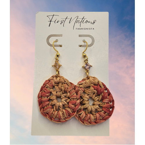 First Nations Fashionista - Handmade 3cm Woven Pink Drop Hook Earrings [with Pink stone]