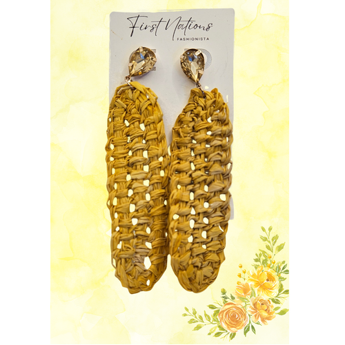 First Nations Fashionista - Handmade 10cm Yellow Woven Shield Stud Earrings [with Amber stone]