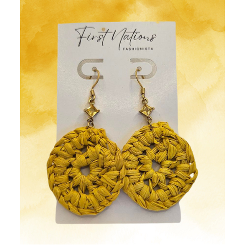 First Nations Fashionista - Handmade 3cm Yellow Woven Drop Hook Earrings [with Yellow stone]