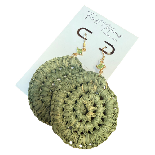 First Nations Fashionista - Handmade Aboriginal Art Woven Drop Earrings (Olive Green with Stone Detail)