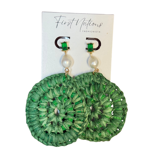 First Nations Fashionista - Handmade Aboriginal Art Woven Drop Earrings (Green with Stone/Pearl Detail)