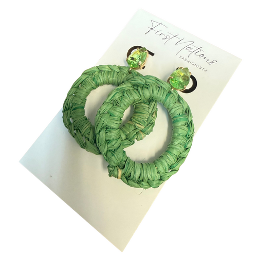 First Nations Fashionista - Handmade Aboriginal Art Woven Drop Ring Earrings (Green with Stone Detail)