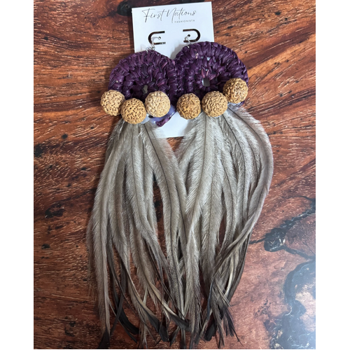First Nations Fashionista - Handmade Aboriginal Art Pendant Earrings - Woven with Quandongs and Emu Feathers