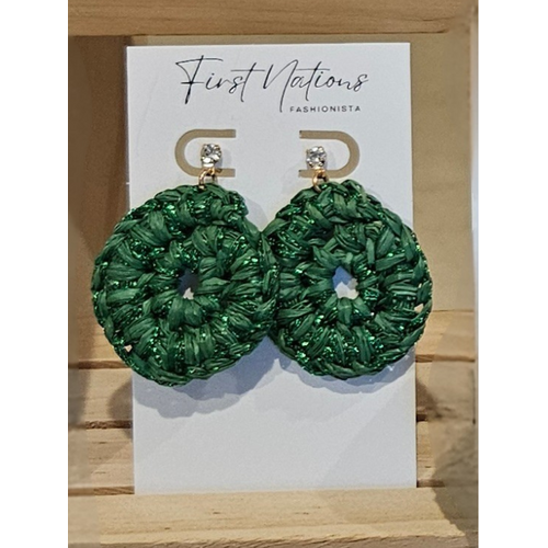 First Nations Fashionista - Handmade Aboriginal Art Woven Drop Earrings(Xmas Green with Stone Detail)
