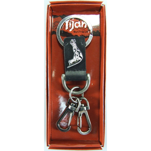 Yijan Aboriginal Art Vintage Boxed Black Leather Keyring- Kangaroo (Black)