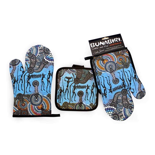 Bunabiri Aboriginal Art Mit/Pot Holder Set (2pce) - Hunters & Gatherers Reef