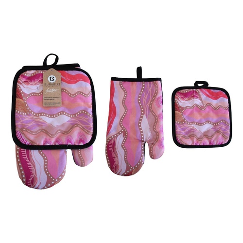 Bunabiri Aboriginal Art Mit/Pot Holder Set (2pce) - Wamin in Bloom