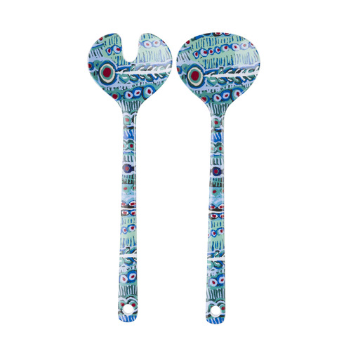 Warlukurlangu Aboriginal Art Melamine Salad Servers - Two Dogs Dreaming (Blue)