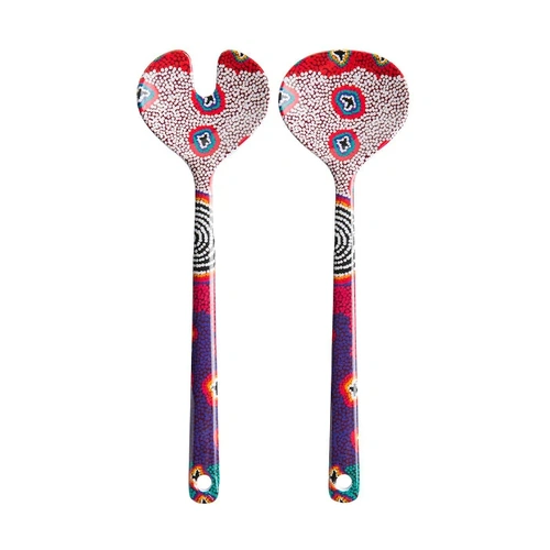 Warlukurlangu Aboriginal Art Melamine Salad Server Set - Green Budgerigar Dreaming