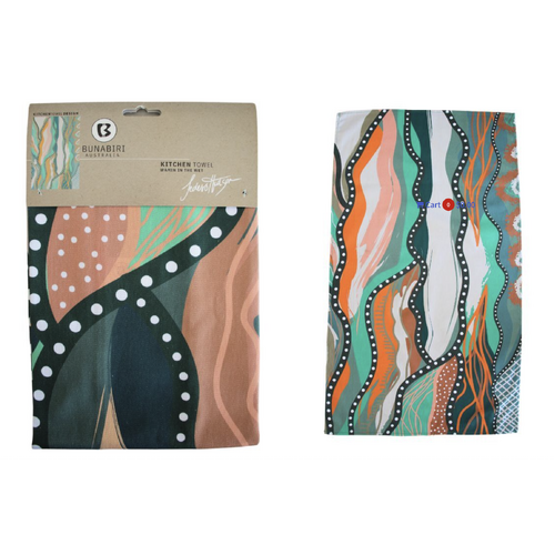 Bunabiri Aboriginal Art Cotton Teatowel - Wamin in the Wet