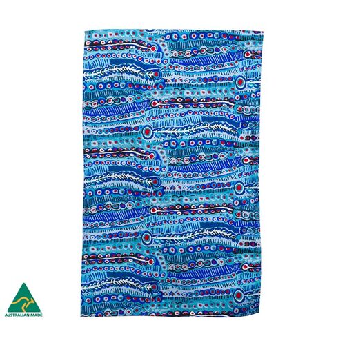 Warlukurlangu Aboriginal Art Australia Made Cotton Teatowel - Two Dogs Dreaming (Blue)