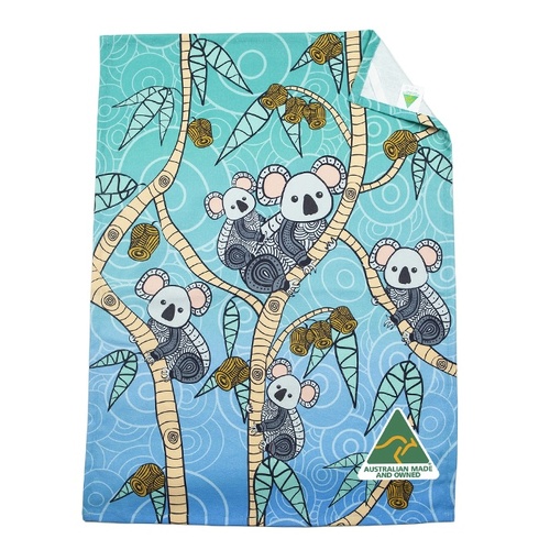 Yakinno Gunditjmara Dreaming Aboriginal Art 100% Cotton Teatowel - Gunditjmara Koalas (Blue)