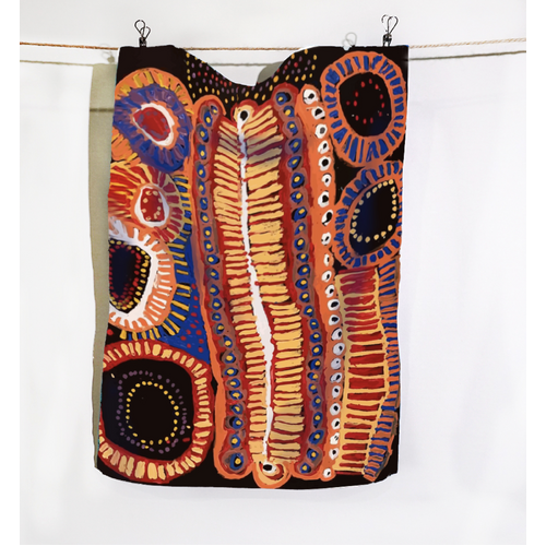 Two Dogs Dreaming 4 - Better World Aboriginal Art Digital Print Cotton Teatowel