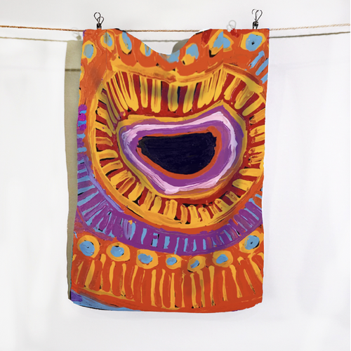 Two Dogs Dreaming 3 - Better World Aboriginal Art Digital Print Cotton Teatowel