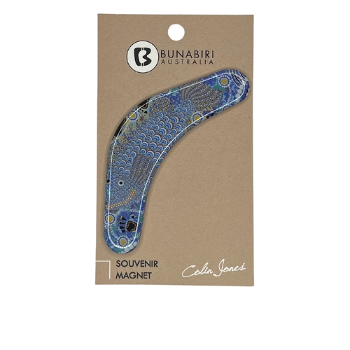 Bunabiri Aboriginal Art Dome 8cm Boomerang Souvenir Magnet - Barramundi