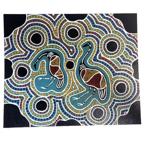 Original Handpainted Aboriginal Art Canvas Board with Stand (10"x12") - Travelling Emus