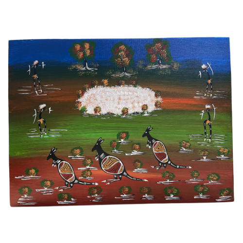 Original Aboriginal Art Stretched Canvas (40cm x 30cm) - Kangaroo Hunting