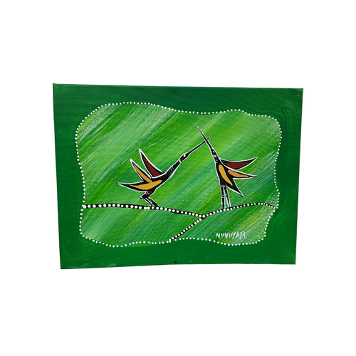 David Miller Aboriginal Art Stretched Canvas (40cm x 30cm) - Dancing Cranes (Green)