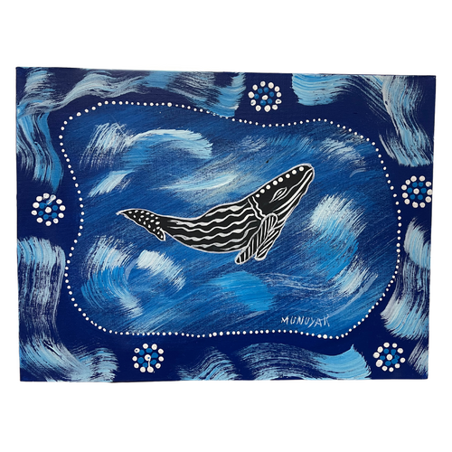 David Miller Aboriginal Art Stretched Canvas (40cm x 30cm) - Whale (Blue)