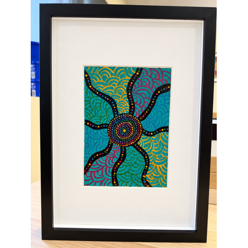 Framed Aboriginal Art [21cm x 30cm] -- Creation Lines Aqua