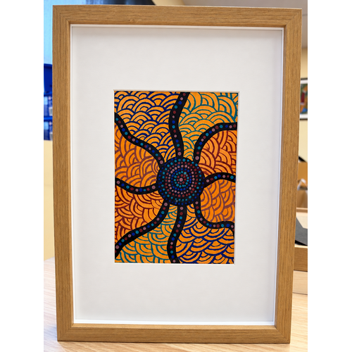 Framed Aboriginal Art [21cm x 30cm] -- Creation Lines Yellow
