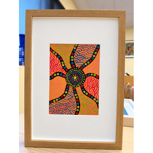 Framed Aboriginal Art [21cm x 30cm] -- Creation Lines Peach