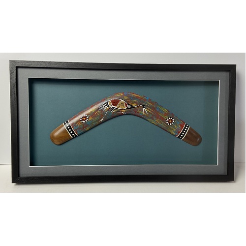 Framed Aboriginal Art Handpainted Boomerang (45cm) - Brolga (Green)