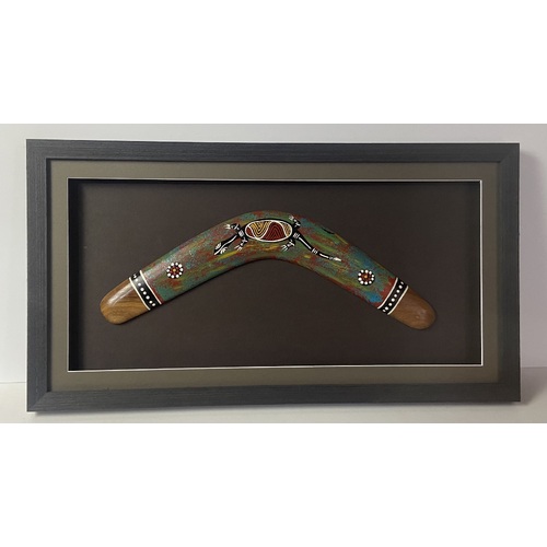 Framed Aboriginal Art Handpainted Boomerang (45cm) - Lizard (Charcoal)