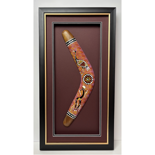 Framed Aboriginal Art Hand Painted Boomerang (40cm) Large - Brolga and Warrior