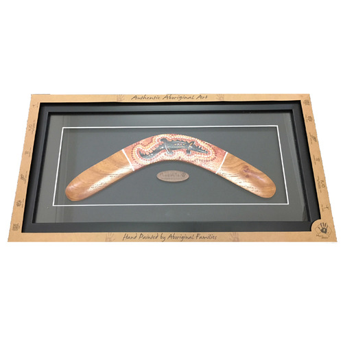 Framed Handpainted Aboriginal Dot Art Boomerang (35cm) Large (49cm x 25cm)