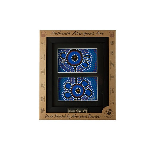 Murra Wolka Framed Aboriginal Handpainted Dot Art (22cm x 19cm) - Double Mat (Blue)