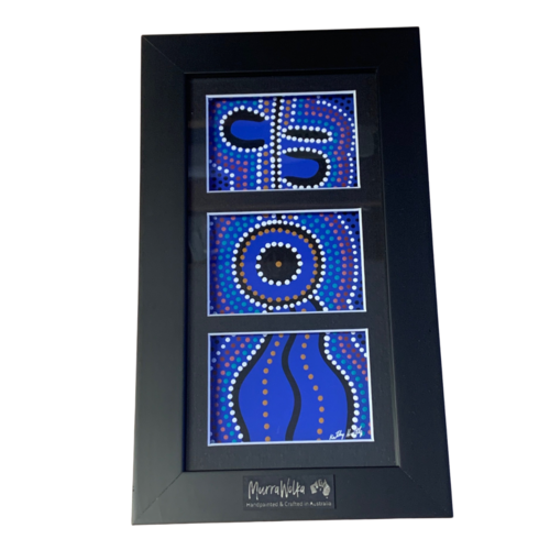 Murra Wolka Framed Aboriginal Handpainted Dot Art (33cm x 19cm) - Triple Mat (Blue)