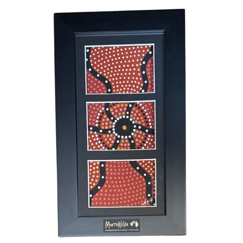 Murra Wolka Framed Aboriginal Hand painted Dot Art (33cm x 19cm) - Triple Mat (RED)