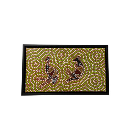 Original Aboriginal Art (Boxed Framed) Painting Stretched Canvas (30cm x 17cm) - Kangaroo & Emu