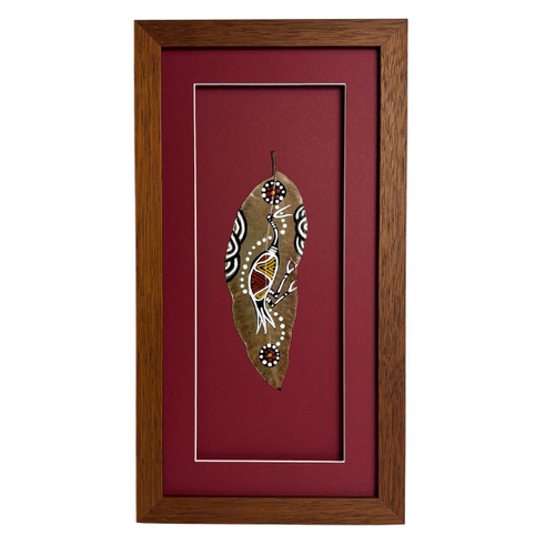 Framed Aboriginal Dot Art Handpainted Gumleaf (38cm x 20cm) - Brolga (Maroon)