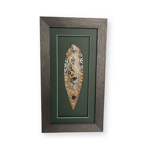 Framed Aboriginal Dot Art Handpainted Gumleaf (39cm x 20cm) - Brolga (Green)