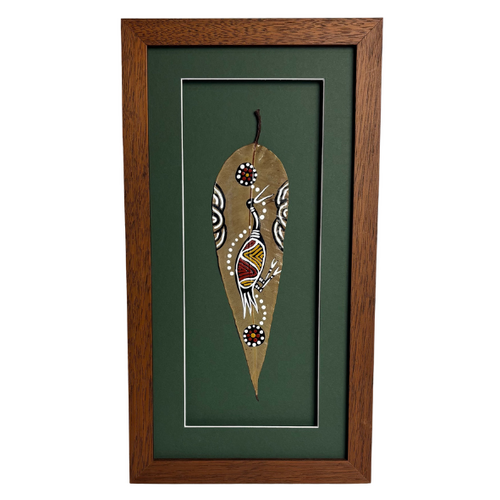 Framed Aboriginal Dot Art Handpainted Gumleaf (38cm x 20cm) - Brolga (Green)