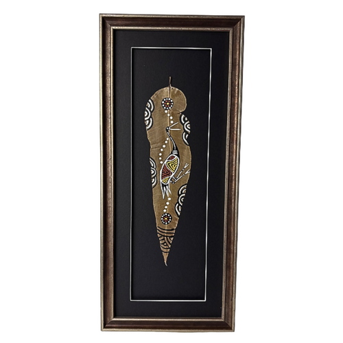 Framed Aboriginal Dot Art Handpainted Gumleaf - (48cm x 22cm) Brolga (Charcoal) 