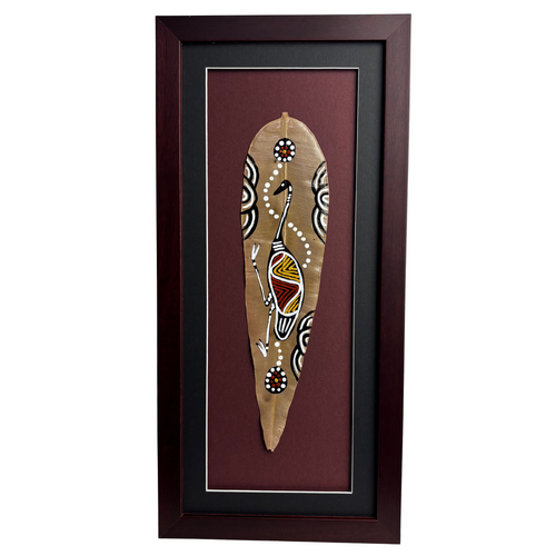 Framed Aboriginal Dot Art Handpainted Gumleaf (44cm x 21cm) - EMU (Black/Maroon)