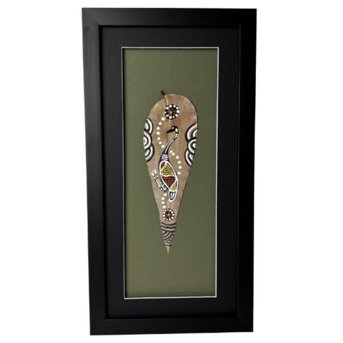 Framed Aboriginal Handpainted Gumleaf (41cm x 20cm) - Emu (Green)
