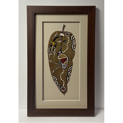 Framed Aboriginal Dot Art Handpainted Large Gumleaf (45cm x 27cm) - EMU (Beige)