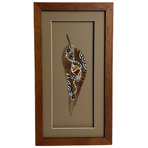 Framed Aboriginal Dot Art Handpainted Gumleaf (38cm x 20cm) - Emu (Beige)