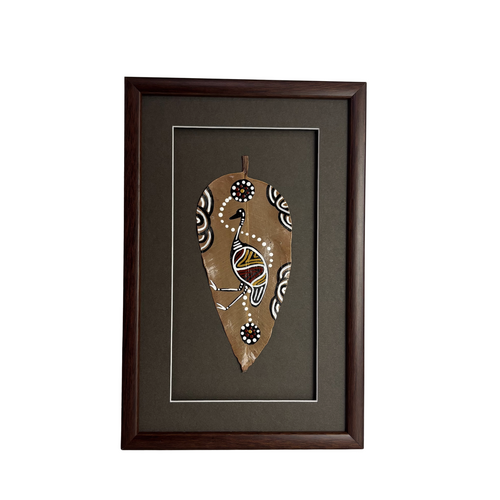 Framed Aboriginal Dot Art Handpainted Small Gumleaf (30cm x 19cm) - Emu (Taupe/Green)