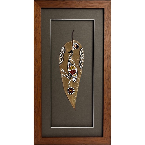 Framed Aboriginal Dot Art Handpainted Gumleaf (38cm x 20cm) - Emu (Taupe)