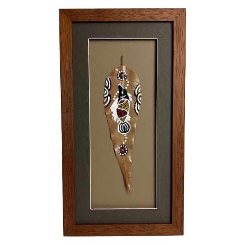 Framed Aboriginal Dot Art Handpainted Gumleaf (38cm x 20cm) - Fish (2 TONE)
